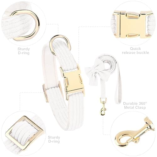 RoseYouth Dog Collar and Leash Set with Bowtie, Soft & Cute Puppy Collar, Cotton Puppy Collar with Adjustable Metal Buckle for Small, Medium Dog (White, Size S: Neck 10"-16") thumbnail 2