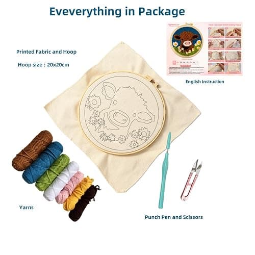 DIY Punch Needle Kits for Beginners Cute Cartoon Highland Cow with Daisy Flower with Hoop Embroidery Punch Needle Starter Craft Set Easy for Adults and Children Festival Gift and Decoration 20x20cm-1 thumbnail 2