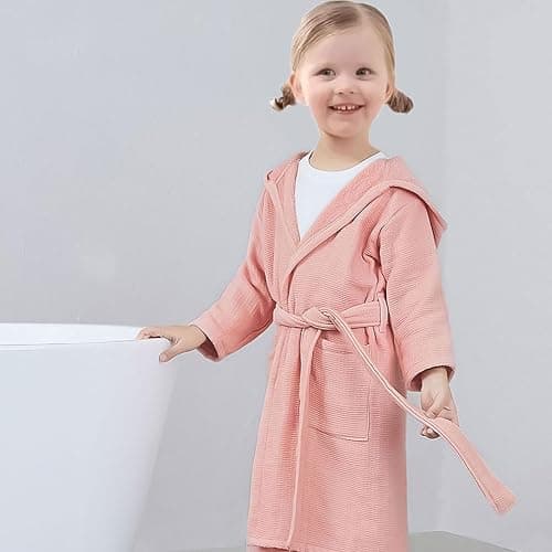 Kids Hooded Bathrobe 100% Cotton Pajama Robe, Boys and Girls Soft Towel Morning Gown, 2-9 Spa Hooded Toddler Long Bathrobe thumbnail 2