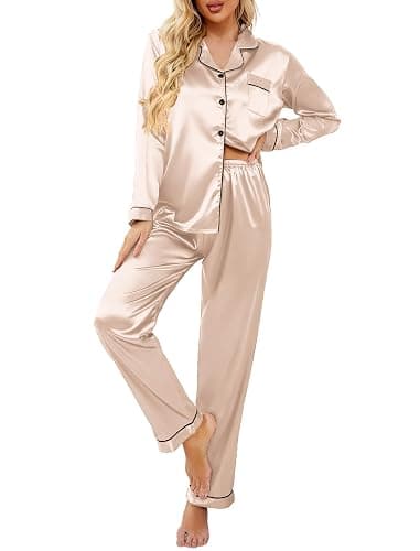 Ekouaer Women's Classic Button Down Long Satin Silk Pajama Set | Soft Satin Pajamas, Mix-Match Daily Look, Chest Pocket,Elastic Waist, Gift For Ladies - Image 1