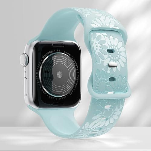 Sunflower Engraved Band Compatible with Apple Watch Bands 38mm 40mm 41mm 42mm 44mm 45mm 49mm Women, Designer Soft Glossy Floral Silicone Strap for iWatch Series Ultra 11 10 9 8 7 6 SE 5 4 3 2 1 thumbnail 2
