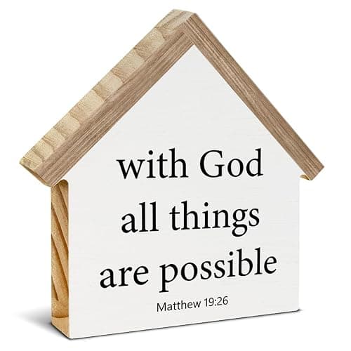 Christian Home Decor, Bible Verse with God All Things are Possible Matthew 19:26 House Shaped Wood Block Sign, Home Living Room Decor for Desk Table Shelf - Image 1