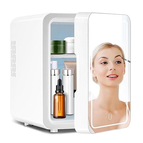 Skincare Fridge With Dimmable LED Mirror, 4L Makeup Mini Fridge for Bedroom, Cosmetics, SkinCare, Cooler & Warmer, Portable Small Refrigerator for Car, Office and Food- White - White - Image 1
