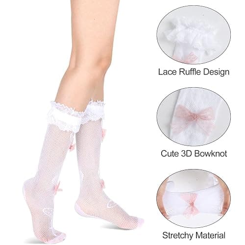 Benefeet Sox Womens Lace Knee High Socks Girls Ruffle Knee Highs Sexy Sheer Trouser Socks Black White Mesh Fishnet Stockings thumbnail 3