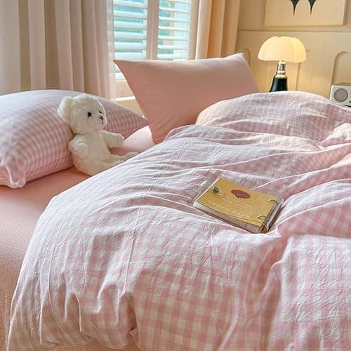 Nayoroom Gingham Duvet Cover Queen Size Pink White Plaid Checkered Comforter Cover Grid Farmhouse Bedding Set 3 Pcs Soft Breathable Washed Microfiber Gifts for Women Men thumbnail 5