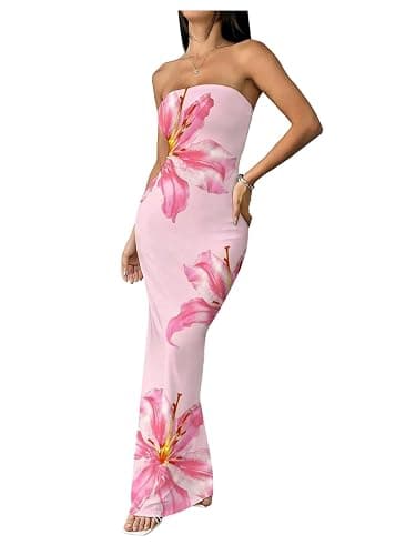 OYOANGLE Women's Floral Strapless Bodycon Maxi Dress Boho Sleeveless Slit Hem Vacation Tube Top Dresses - Image 1