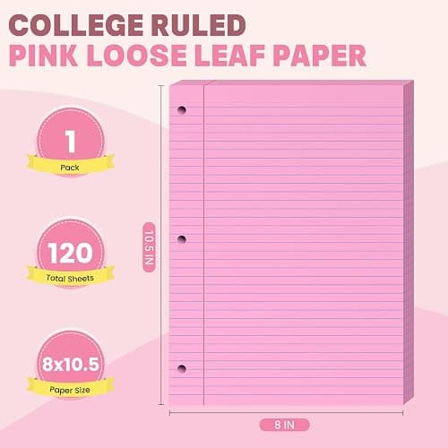Pink Loose Leaf Paper 8 x 10.5, 120 Sheets Lined Paper College Ruled Paper | 3 Hole Punched Notebook Paper College Ruled, 3 Ring Binder Paper 8 x 10.5, Filler Paper College Ruled for Office, School thumbnail 2