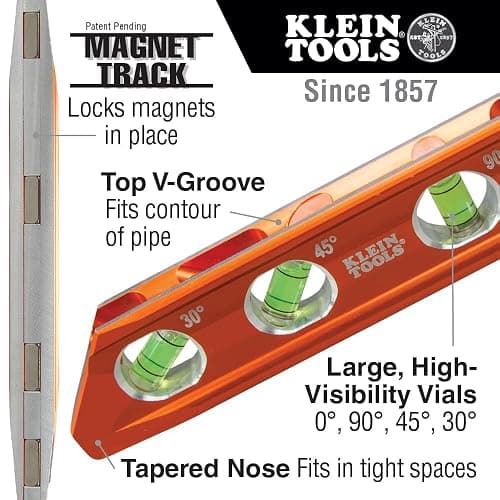 Klein Tools 935RB Torpedo Level, 8-Inch Billet Magnetic Level, 0/30/45/90 Degree Vials, V-Groove, Tapered Nose, High-Visibility Vial and Body thumbnail 3