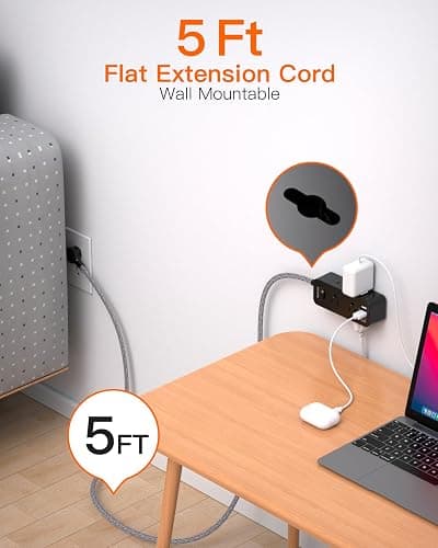 Black Power Strip Surge Protector, BESHON 5Ft Extension Cord, 6 Outlets with 3 USB Ports(1 USB C Outlet), 3-Side Outlet Extender, Wall Mount, Compact for Travel, Home, College Dorm Room, and Office thumbnail 3
