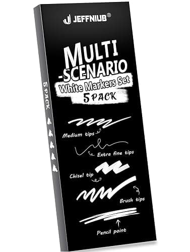 JEFFNIUB Lot de 5 Stylos Blancs pour Art - Set Stylo Opaque avec Pinceau, Fineliner, Crayons et Marqueurs Acryliques - Pour Écriture et Dessin sur Papier Noir thumbnail 7