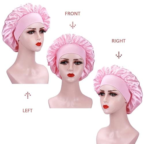 XRACEPHOL 2PCS Silk Bonnet for Sleeping Satin Bonnet Breathable Bonnets for Black Women Satin Hair Cap for Sleeping Wide Elastic Band Sleep Cap Hair Bonnet for Sleeping（Black+Pink） thumbnail 6