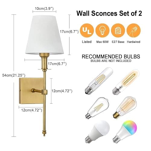 Enyhom 2 Stücke E27 Wandleuchten Innen Vintage Flur Wandlampe Deko Gold Industrial Wandlampe mit Weißem Stoffschirm für Spiegel, Wohnzimmer, Schlafzimmer und Treppe (Ohne Glühbirne) thumbnail 3