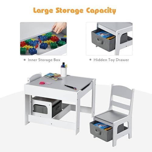 Costzon Kids Table and Chair Set, 3 in 1 Wooden Activity Table with Storage Drawer, Detachable Tabletop for Children Drawing Reading Art Craft, Playroom, Nursery, Toddler Table and Chair Set, Gray thumbnail 6