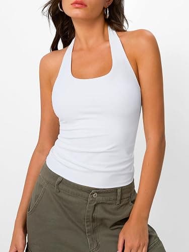 Trendy Queen Halter Tops for Women 2026 Summer Going Out Crop Cute Y2k Tops | Sleeveless Backless Open Back Tops, Workout Gym Clothes, Beach Vacation Outfits Casual Tank Tops, Spring Fashion Outfits thumbnail 2