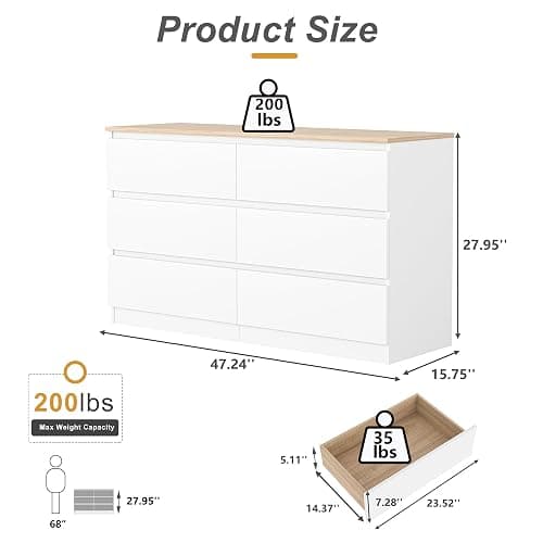 Spaco White Dresser for Bedroom with Oak Top,Modern 6 Drawer Dresser with Deep Drawer,Wide Storage Chest of Drawers,Bedroom Storage Organizer Furniture,TV Stand for Living Room thumbnail 3