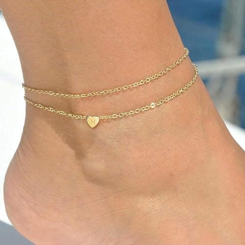 Turandoss Heart Initial Ankle Bracelets for Women, 14K Gold Filled Handmade Dainty Layered Anklet Letter Initial Heart Ankle Bracelets for Women Beach Jewelry Gifts thumbnail 2