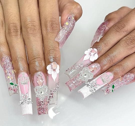 KACHIMOO 106 Pcs Nail Charms and Gems Silver Nail Charms Nail Rhinestones for Nails Design 3D Butterfly, Bow, Star,Cherry,Cross,Dollar,Heart Shapes for Acrylic Nails (19 Styles) thumbnail 7