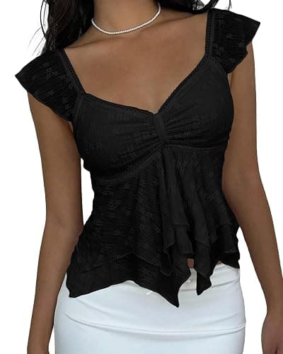 BAIGRAM Women Y2K Ruffle Flowy Peplum Babydoll Crop Tank Cute Sheer Floral Lace Sweetheart Neck Tops Tiered Going Out Shirt - Image 1