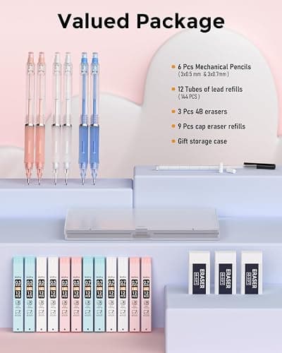 Nicpro 23PCS Pastel Mechanical Pencil 0.5 & 0.7 mm with Case for School, with 12 tubes HB Lead Refills, 3 Erasers, 9 Eraser Refills For Student Writing, Drawing, Sketching, Blue & Pink & White Colors thumbnail 7