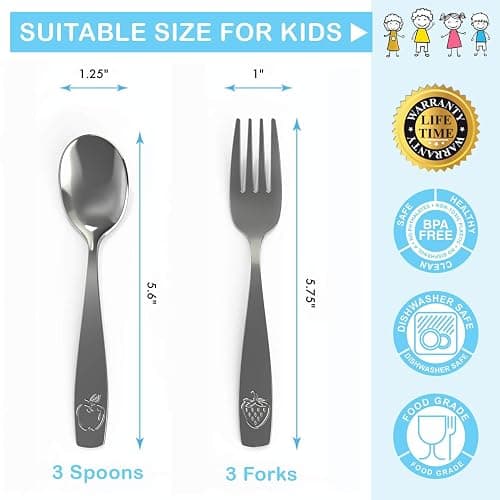 CHILLOUT LIFE Stainless Steel Kids Silverware Set 12 Pieces - Child and Toddler Safe Flatware - Kids Utensil Set - Metal Kids Cutlery Set (Includes 6 Small Kids Spoons & Kids 6 Forks) thumbnail 3