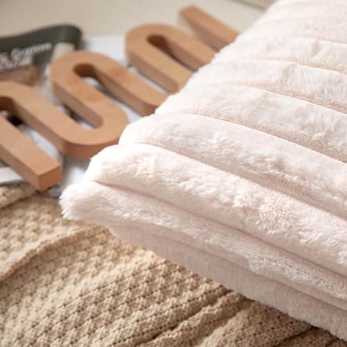 DEELAND Pack of 2,Double-Sided Faux Fur Plush Decorative Throw Pillow Covers Fuzzy Striped Soft Pillowcase Cushion Covers for Sofa Couch Bedroom Beige 16x16 inch thumbnail 4