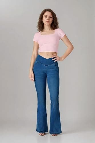 BlueRose Flare Jean Leggings for Women,Bell Bottom Jeans for Women Knit Crossover High Waisted Bootcut Jean thumbnail 3