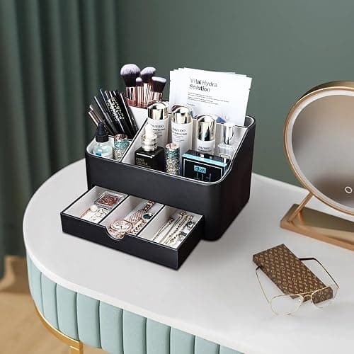 KINGFOM Desk Tidy Organiser mit 5 Grids and Drawer, PU Leather Desk Organiser Office Desktop Stationary Organiser Holder Large Capacity Pen Pot Pen Holder for Desk Accessories (Black) thumbnail 2