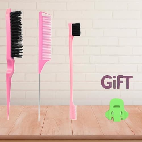 xiangwenlan Pink comb Set 3 Pcs. slick back hair brush,Slick Back Brush with Edge Brush, styling comb for kids for middle part，Rat Tail Comb, Teasing Brush Set for Smoothing brush Baby Hair thumbnail 3