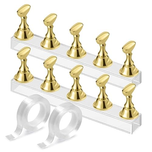 Etercycle Nail Stand Acrylic Nail Art Display Stand Practice Nail Holder for Painting Nails Magnetic Practice Stands with Double-sided Tape For DIY Salon Supplies (Gold)