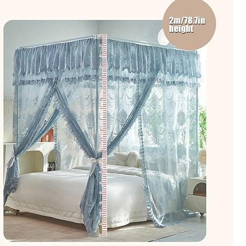 Miusocal Three-Door Floor Standing Bed Canopy with Metal Frame, Lace Canopy Bed Curtain, Elegant Lace Princess 4 Corner Post Mosquito Net, Bedroom Decoration(Pink,W78.7 x L86.6in) thumbnail 2