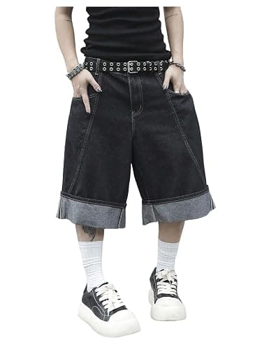 VIPWOLF Men's Jorts Y2K Jean Shorts Wide Leg Grunge Streetwear Bermuda Roll Up Hem Baggy Denim Shorts - Image 1