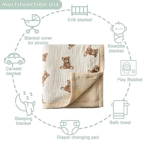 Little Jump 2 Layers Muslin Cotton Baby Blankets - Teddy Bear Toddler Quilt Crib Blanket - Gender Neutral Crib Blanket for Baby Boys and Girls 47"x 47" (Teddy Bears) thumbnail 6