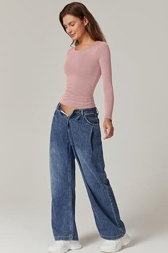 QINSEN Womens Crewneck Long Sleeve Shirt Double Lined Basic Tees Side Ruched Going Out Crop Tops thumbnail 3