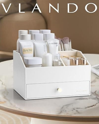 Vlando Makeup Organzier,Vanity Organizer with Drawers, PU Leather Skincare Organizer Perfume Organizer,Large Cosmetic Display Case for Lipstick,Brushes Gifts for Women-White thumbnail 8