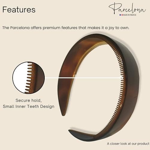 Parcelona French Extra Wide Tortoise Shell Brown Celluloid Inner Nibs Flexible Hair Headband Fashion Headband for Women Strong Hold Grip No Slip Durable Styling Girls Hair Accessories, Made in France thumbnail 3