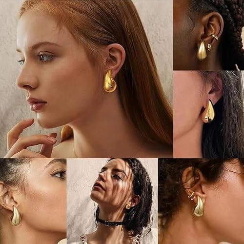 Small Teardrop Gold Chunky Earrings for Women,Thick Gold Plated Hoop Hypoallergenic Water Drop Earring Dupes for Women 18MM thumbnail 5