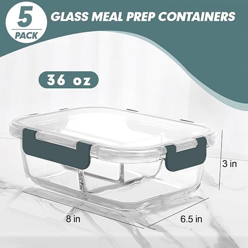 KOMUEE Glass Meal Prep Containers 3 Compartments, 5 Pack 36 oz, Glass Food Storage Containers with Lids, Airtight Lunch Bento Box, Portion Control, Freezer and Microwave Safe thumbnail 3