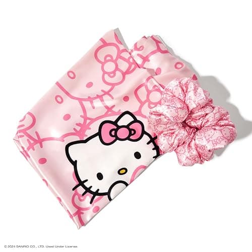 Kitsch Hello Kitty Satin Pillowcase, Softer Than Silk for Hair & Skin, Machine Washable, Wrinkle-Free, Standard Size, and Satin Scrunchies No Damage Hair Ties Pink Kitty Faces, 2 Piece Set - Pink Kitty Faces thumbnail 3