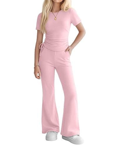 Vinsatin Girls' 2 Piece Short Sleeve Outfits | Side Ruched Slim Fit Tops and Flared Pants, Tween Casual Clothes Sets for 5-14Y, Crew Neck Stretchy Shirts, Airplane Outfit - Image 1