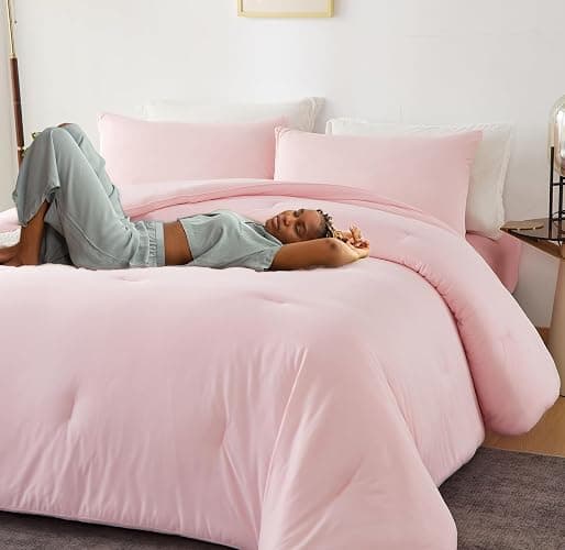 MorroMorn Pink Comforter Set Twin, 4 PCS Bed in a Bag for All Season, Pink Bed Set Cloud Comforters, Fitted Sheets, Pillowcases, Soft for Girls Kids Teen Preppy Dorm (Twin/Twin XL) thumbnail 2