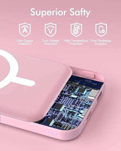 podoru for Magsafe Battery Pack, 5000mAh Magnetic Power Bank with Type-C Cable 20W PD Fast Charging Lighting Input Wireless Portable Charger for iPhone 17/16/15/14/13/12/ All Series-Pink thumbnail 7