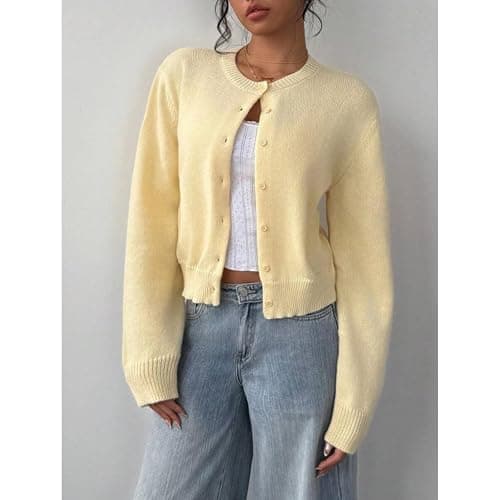 AYziemezm Women’s Cropped Cardigan Sweater Button Down Open Front Long Sleeve Crewneck Sweaters Knit Sweater Warm Clothes thumbnail 3