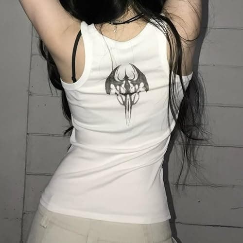 Women's Y2K Grunge Graphic Tank Top Studded Ribbed Sleeveless Crop Top Gothic Streetwear Cami Vest thumbnail 3