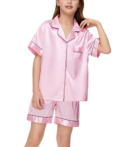 EPLAZA Kids Satin Pajamas Sets Girls Boys Button-Down Silky Pajamas Sleepwear with Hairband Eye Mask Hair Tie thumbnail 2