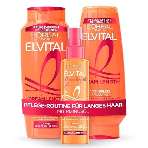 L'Oréal Paris Elvital Germany's Next Topmodel Haarpflege-Routine für langes und geschädigtes Haar: Dream Length Set mit Shampoo 300ml, Spülung 250ml und Hitzeschutzspray 150ml - Dream Length - 700 ml (1er Pack)