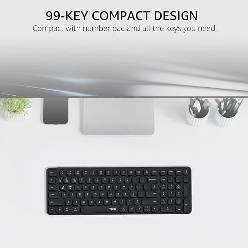 Rapoo E9350L Rechargeable Wireless Keyboard, Support 4 Devices, Ultra-Slim with Indicator Light, Quiet, 90-Day Battery Life, Full Size Keyboard with Numeric Keypad for Windows/Mac/Linux/Chrome, Black - Black - E9350L (99-Key, Rechargeable) thumbnail 3