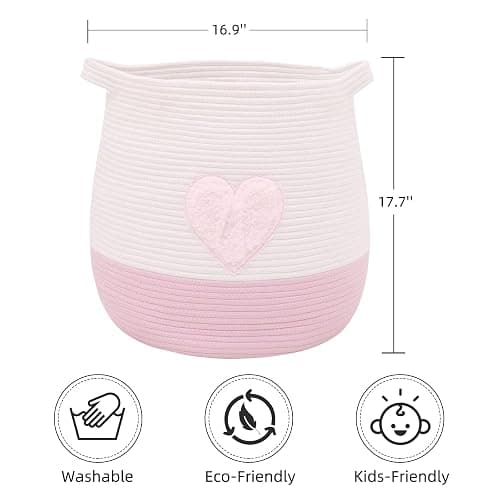 childishness ndup Large Cotton Rope Basket, Woven Storage Basket for Toy, Laundry and Blanket Organizer Basket, Round Hamper Basket with Handles for Kid's Room 17.7"x16.9" (Pink Heart) thumbnail 2