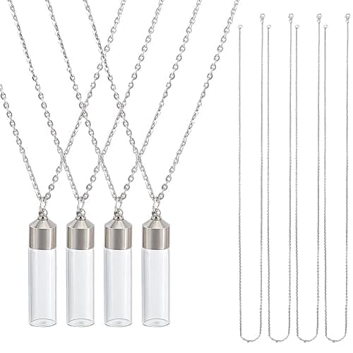 CRAFTYMELODY 4Pcs Vial Necklace Platinum Bottle Pendant Necklace Small Clear Bottle Necklaces with Screw Cap Mini Vials Ashes Holder Necklaces for Ashes Hair Perfume Liquid Memorial Pendant Locket - Image 1