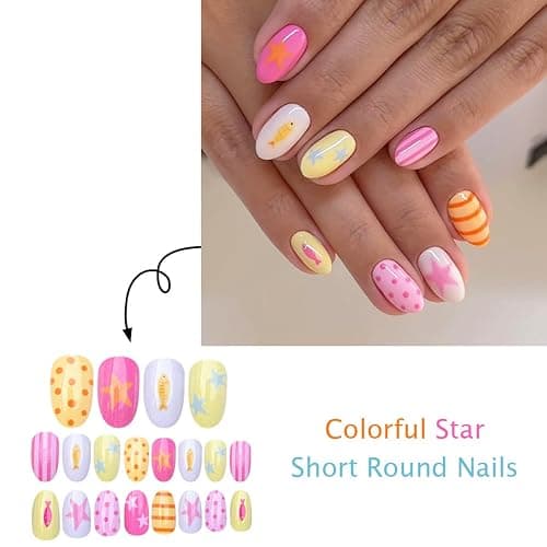 Short Oval Press On Nails Summer Fake Nails Star Fish With Polka Dot Line Design Cute False Nails Full Cover Artificial Glossy Stick On Nail Reusable Acrylic Nail For Women Manicure 24pcs thumbnail 3