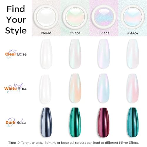 modelones Chrome Nail Powder Pearl Chrome Powder for Nail Magic White Glazed Chrome Nail Powder Mirror Effect Holographic Aurora Iridescent Pearlescent Manicure for 3D Sculpting Nail Art 4 Colors thumbnail 5